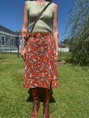 C Est. 1946 Rust Paisley MIDI Skirt Belt loood Boho Western 14/16